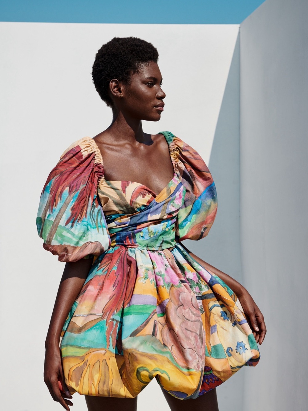 Stella Jean Multicolor Artistic Print Wrap Dress Puff Sleeve Belted